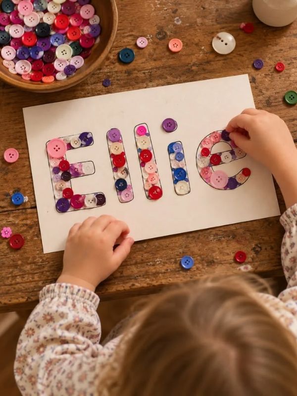Girl-practicing-Ellie-with-button-in-name-activity-for-preschoolers